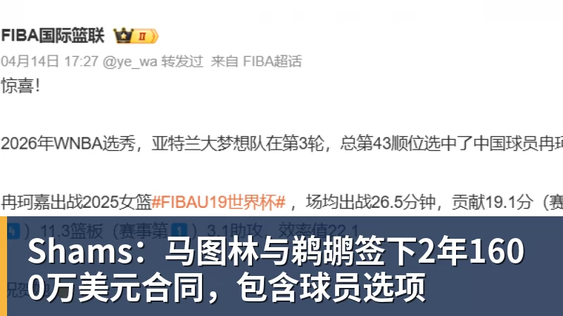 篮球下注Shams：马图林与鹈鹕签下2年1600万美元合同，包含球员选项